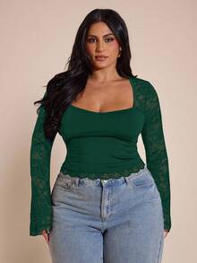 SHEIN BAE Plus Size Women's Elegant Sweetheart Neck Contrast Lace Long Sleeve Blouse, Spring/Autumn - Dark Green - View 3