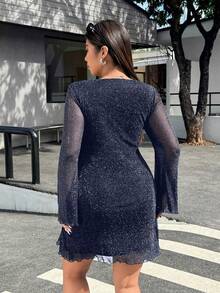 SHEIN EZwear 海军蓝喇叭袖亮片网纱大码女式连衣裙 - 藏蓝色 - 查看 2