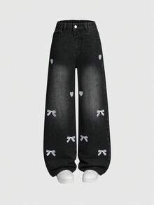SHEIN Denimly 女童青少年寬鬆牛仔褲 深藍色 秋季街頭風 校園返校穿搭 寬腿褲 愛心刺繡 鬆緊腰 黑色牛仔 - 黑色 - 查看 3