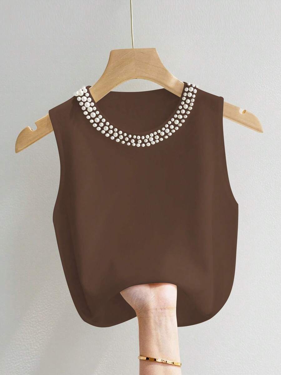 INAWLY Pearl Decor Round Neck Casual Versatile Women Sleeveless Top - Chocolate Brown - View 1