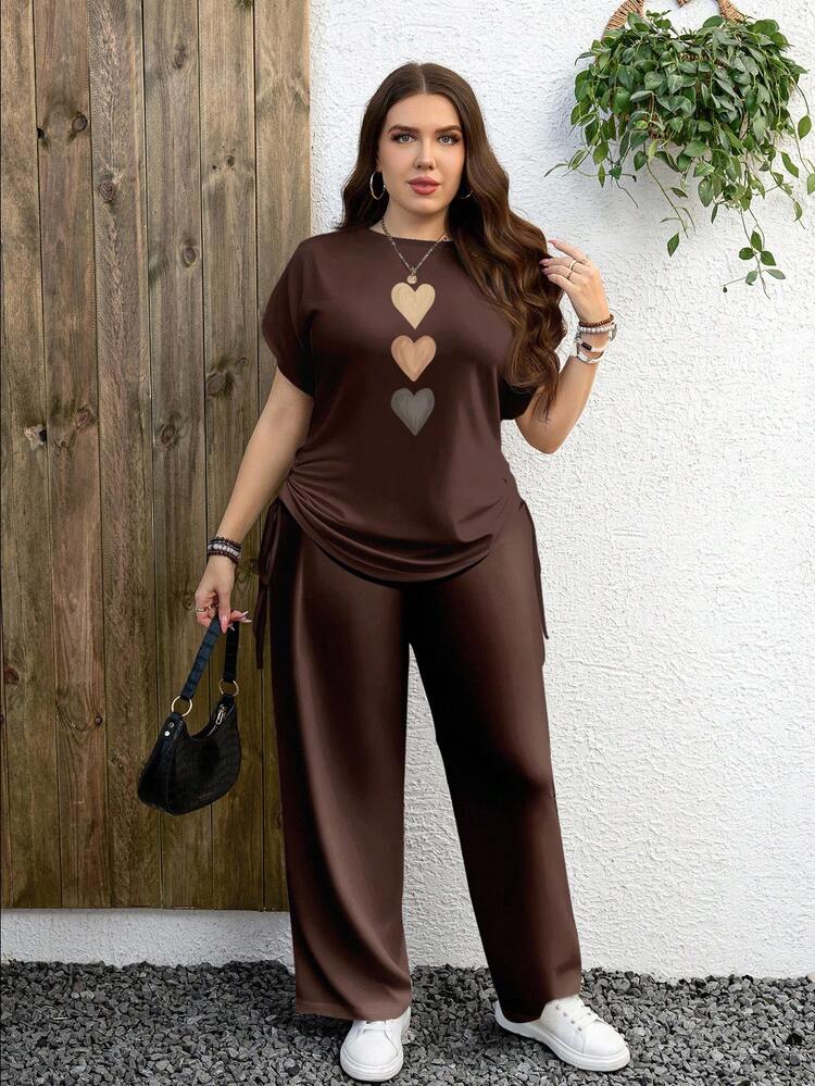 Conjunto informal de 2 piezas de estampado de leopardo talla grande, adecuado para el verano - Marrón Mocha - Ver 4