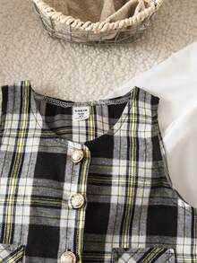 Emery Rose Kids Emery Rose Kids 3pcs/Set Young Girls Elegant Gold Button Vest, Ruffle Collar Shirt, And Pleated Plaid Skirt Suit, Suitable For Autumn/Winter, Party, Daily Wear, Christmas, School, Matching Sister Outfits - Black and White - View 7