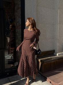Pariaura 优雅波点荷叶边连衣裙，咖啡棕色，长袖，收腰设计，秋冬款 - 咖啡 - 查看 6