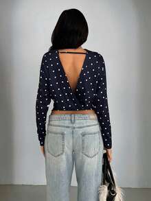 Glamine Simple Polka Dot Knit Long Sleeve Hollow Back Sweatshirt For Women, Daily Wear - Navy Blue - View 2