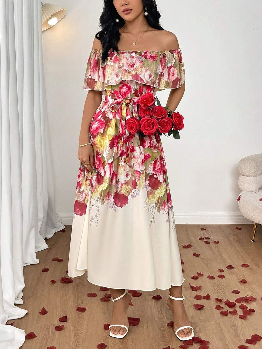 SHEIN Raffinéa Vestido de festa/coquetel elegante, romântico e luxuoso com ombros à mostra, cintura marcada e barra evasê. Ideal para mulheres.