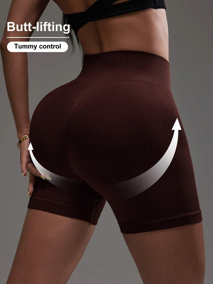 SHEIN Dewbera Women's Solid Color Elastic Seamless Ribbed Sports Shorts, Summer Tummy Control Gym Shorts Spandex Shorts Tummy Control - Coffee Brown - View 1