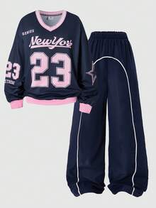 SHEIN ChillGRL Bộ 2 áo hoodie cổ chữ V in chữ và quần túi hộp thường ngày cho bé gái tuổi teen - Màu xanh hải quân - Xem 5