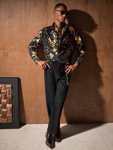 AKNOTIC Business Casual Men's Long Sleeve Single-Breasted Pocket Fashionable Foil Shirt - Black - View 5