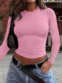 INAWLY Solva 女士休闲纯色圆领修身短款 T 恤，秋季