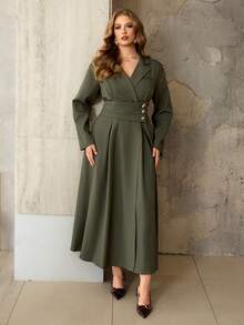 Roveilla 大码女式褶裥翻领腰部收褶A字长袖连衣裙，饰有星星图案，优雅法式复古办公室通勤商务休闲街头风，百搭复古时尚秋冬连衣裙，适合派对、圣诞节、感恩节、新年等场合。