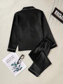 男童睡衣套装 - 翻领长袖纽扣上衣搭配长裤，黑色撞色滚边，四季皆宜，2026新年必备，百搭舒适，保暖又可爱 - 黑色 - 查看 2