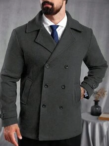 Manfinity CasualCool Men's Solid Color Lapel NeckLong Sleeve Double-Breasted Casual Wool Blend Jacket, Autumn/Winter - Dark Grey - View 4