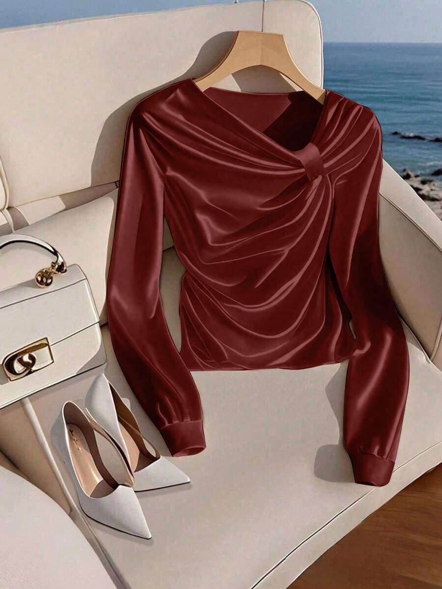 Franclia Women's Casual Poplin Shirt With Asymmetrical Neckline - Red - View 1