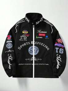 PAVTROS Manfinity Streetrush Men's Fashionable Printed Long Sleeve Jacket Outerwear Sports Jacket Zip Up Jacket Graphic Jacket Racing Jacket Sportswear Jacket, 2000s Style,Fall - Black - View 6