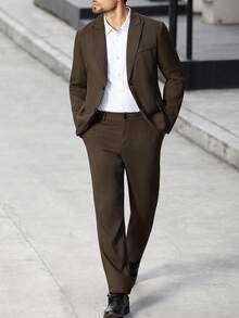 Manfinity Bizformal Men's 2pcs Men's Suit Set Solid Color  Brown Suit Men's Lapel Neck Long Sleeve Jacket And Pants Casual Suit Set Men Suit Formal Wedding Outfit For Men Men Elegant Outfit Prom Suit For Men Wedding Suit For Men - Brown - View 3