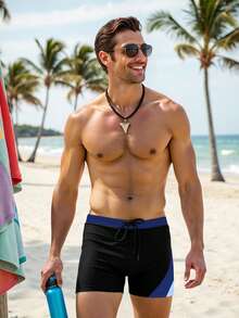 Manfinity Swimmode Men's Summer Beach Vacation Contrast Color Drawstring Waist Swim Trunks Shorts - Black - View 3