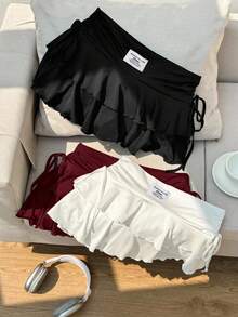 SHEIN EZwear 三件套女士休闲简约褶皱腰A字裙，黑色、白色、酒红色可选，适合音乐会、游轮、夜店等场合。 - 彩色 - 查看 3