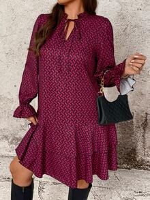 Breezaya Plus Size Women Geometric Print Ruffle Hem Long Sleeve Casual Swing Dress Lantern Sleeve Dress Patterned Dress - Burgundy - View 5