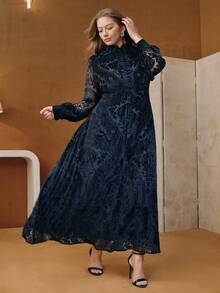 Anewsta Valentine Plus Size Navy Blue Flocked Burnout A-Line Dress - Navy Blue - View 3