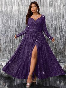 Ellevyn 大码优雅长袖连衣裙，心形领口，高开衩设计 - 紫色 - 查看 9