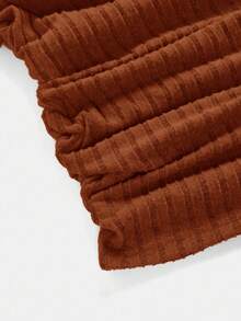 SHEIN Tween Girls Dresses Solid V Neck Grain Fabric Black Skirt Snug Fit Dress - Rust Brown - View 4