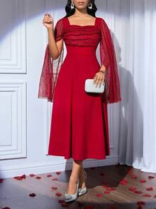 SHEIN Lady Women's Poncho Sleeve Square Collar Elegant Dress - Burgundy - View 4