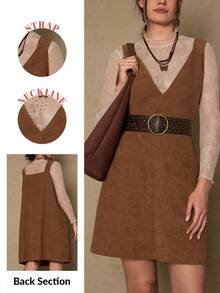 SHEIN LUNE 大码女士情人节穿搭，夏季女士穿搭，时尚日常装，大码女士宽松提花格子吊带连衣裙，冬季通勤连衣裙，假日穿搭，假日派对连衣裙，大码女士假日穿搭 - 棕色 - 查看 4