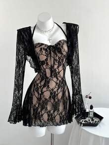 Elamini 2pcs/Set Elegant Lace Black Long Sleeve Top With Ruffle Trim & Contrast Lace Inset Slip Dress, Casual Daily Versatile Fashion Outfit, Autumn/Winter - Multicolor - View 1