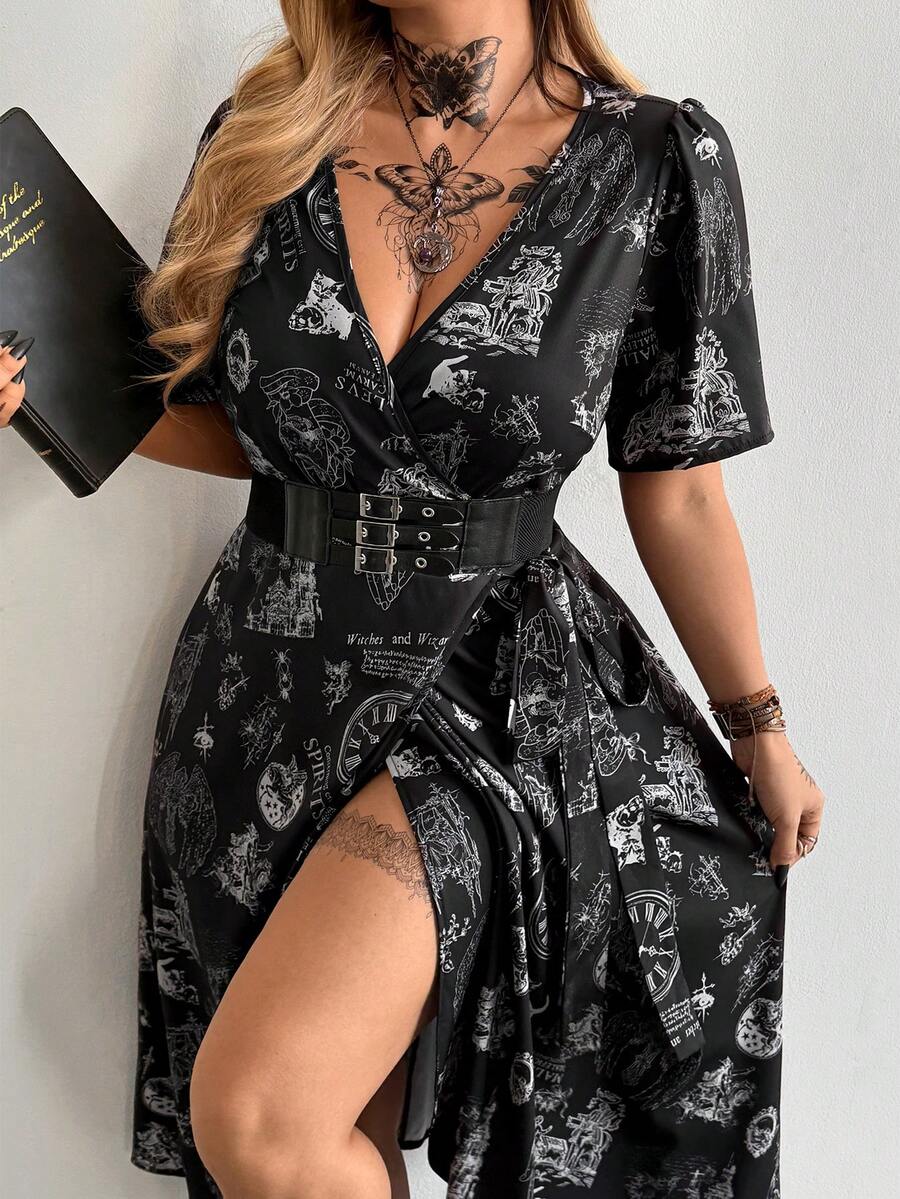Whyspr Fashionable V-Neck Sexy Short Sleeve Waist Cinching Printed Dress - Black - View 1