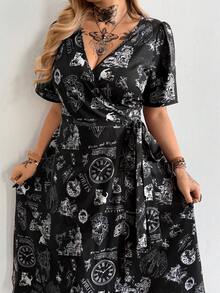 Whyspr Fashionable V-Neck Sexy Short Sleeve Waist Cinching Printed Dress - Black - View 4