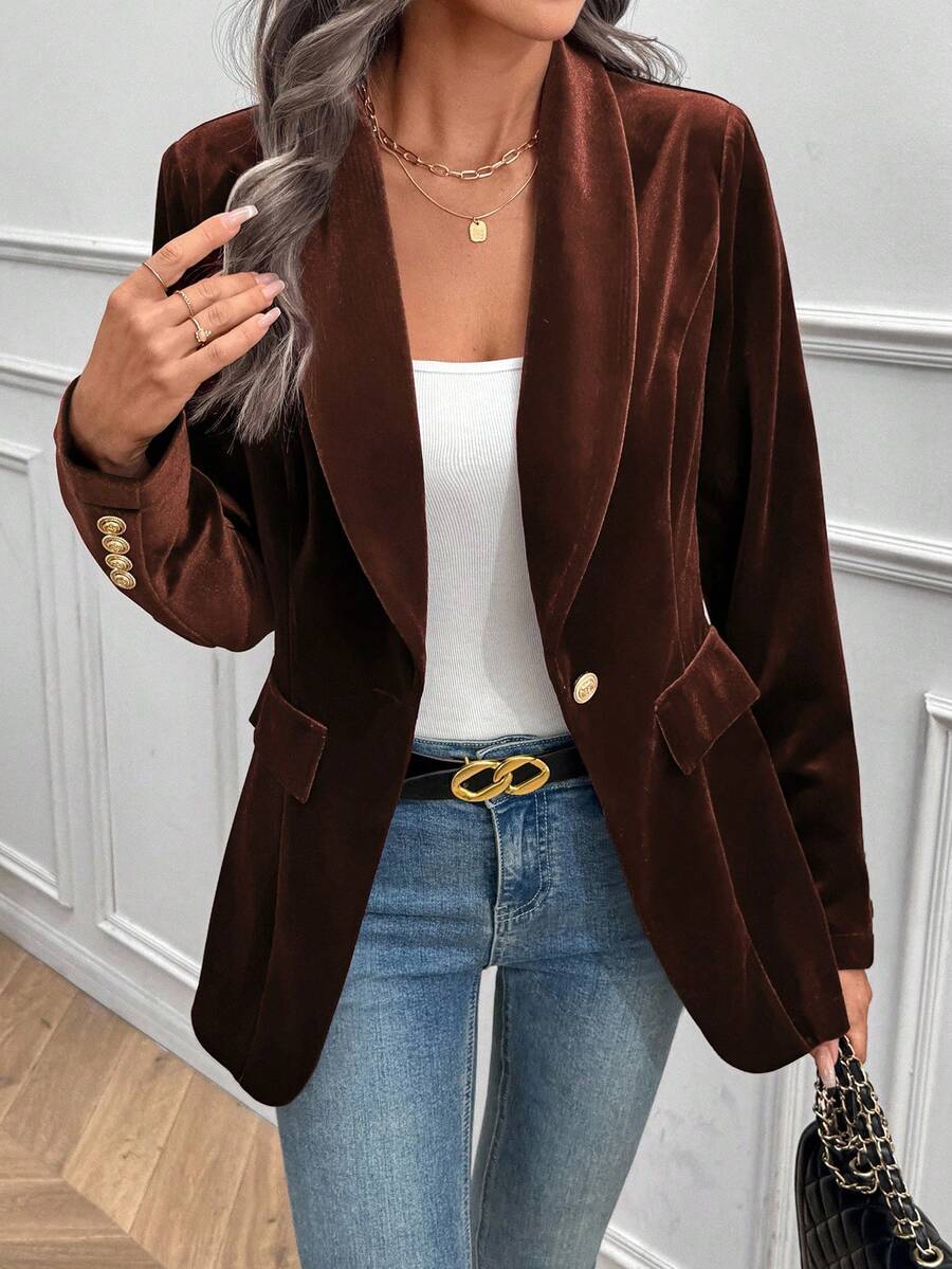 EMERY ROSE Women's Elegant Solid Color Velvet Blazer - Brown - View 1
