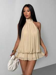 SHEIN PETITE 女士优雅米色吊带系带迷你连衣裙 - 米色 - 查看 6