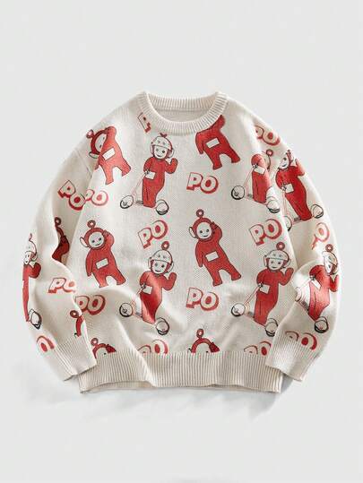 Teletubbies X ROMWE Men's Casual Cartoon Pattern Crew Neck Sweater, Autumn/Winter