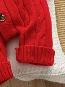 SHEIN 新生女宝宝可爱针织连体衣、脚套和帽子套装，适合秋冬季节穿着 - 紅色 - 查看 8