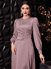Veilorie Đầm dạ hội dài tay đơn giản hàng ngày màu trơn dành cho nữ - Hồng - Xem 6