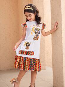 SHEIN 女童印花可爱配饰装饰连衣裙，可爱简约，时尚舒适，适合室内外穿着。 - 彩色 - 查看 5