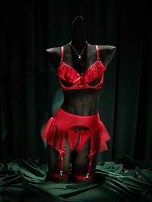 SpicyHot 5pcs Sexy Lingerie Set With Sheer Mesh, Revealing Bust Design - Burgundy - View 3