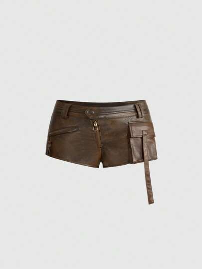 Grunge Punk Shorts de cuero PU de cintura ultra baja, vintage, desgastados y desgarrados, con estilo punk