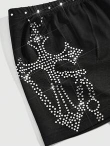 ROMWE Grunge Punk Women's Ultra Low Waist Skinny Rhinestone Cross Pattern Mini Shorts - Black - View 2