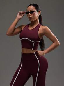 Dewbera Women's Seamless Cropped Tank Top And Leggings Sports Set - Burgundy - View 6