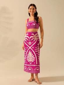 CAJUNI 2 bộ đồ ngủ in hình cây dừa và mặt trời cho kỳ nghỉ hè dành cho nữ và chân váy maxi bó sát, phong cách nhiệt đới Boho - Màu Hồng Tươi - Xem 8