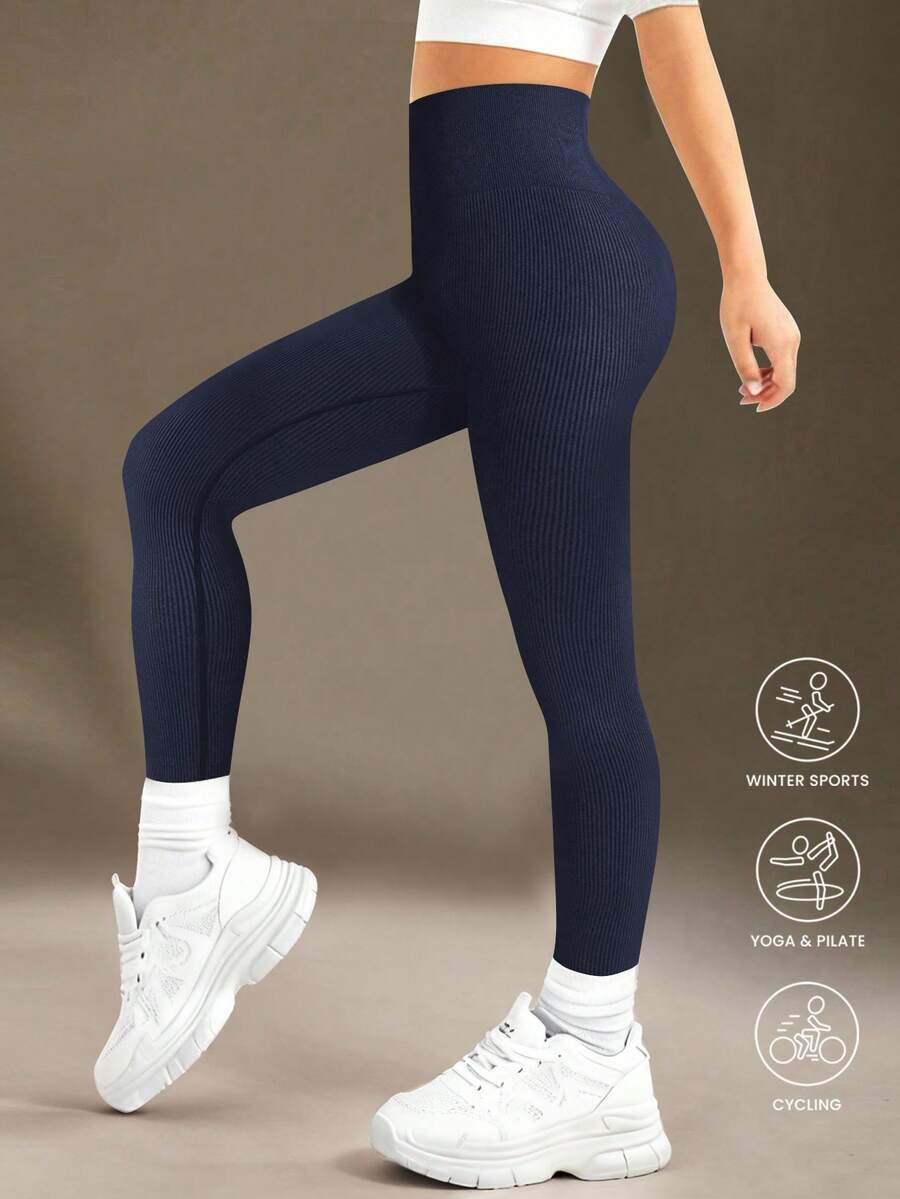 SHEIN سيملوكس سبورت سروال ضيق بخصر عالي مُحبك بدون غرز للبنات - لمسة سحابة ناعمة كالجلد الثاني، سريع الجفاف، قابل للتنفس، مطاطي من الأربع جهات، مناسب للركض والدراجة والبيكليبول والتمارين والاستخدام اليومي، باللون الأسود - أزرق بحري - مشاهدة 1