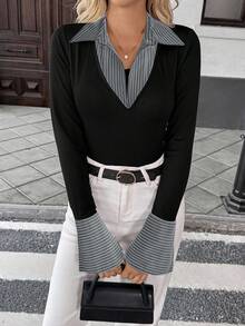 Pariaura 女士时尚二合一拼接长袖T恤，春夏款 - 黑色 - 查看 5