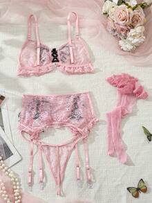 PetitDoll 5 件女士性感无钢圈文胸套装（无钢圈文胸、丁字裤、腰带、2 件渔网袜）适合外出