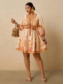 Travachic Váy ngắn cổ chữ V in hoa thanh lịch lãng mạn cỡ lớn, thắt nơ phía trước, hàng mới về mùa xuân - trái cam - Xem 6