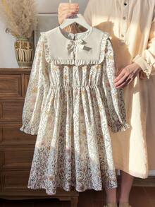 Vintaside Kids Girls' Spring & Autumn Long Sleeve Lapel Dress With Elegant Digital Print, Suitable For Mild Weather Outings, Camping, Vacations, Or Parties - Multicolor - View 3