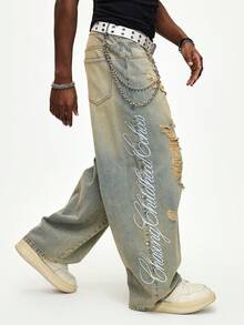 ROMWE MEN Street Life Men's Letter Embroidered Pocket Distressed Washed Slim Fit Jeans - Blue - View 1