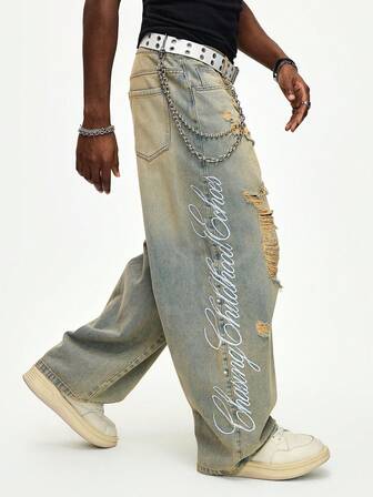 Street Life Herren Slim Fit Jeans mit Buchstaben-Stickerei auf der Tasche und Vintage-Waschung