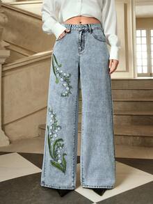 Selenza Women's Casual Everyday/Workwear/Vacation Loose Wide-Leg Jeans With Wind Chime Flower Embroidery - Blue - View 4