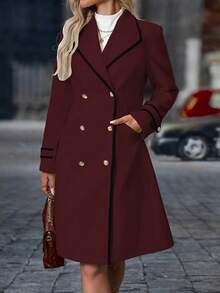 SHEIN Clasi Women's Casual Daily Oversized Lapel Contrast Trim Double-Breasted Wool Blend Coat, Autumn/Winter - Burgundy - View 6